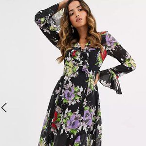 SZ 14 floral maxi dress ruffles and bell sleeves